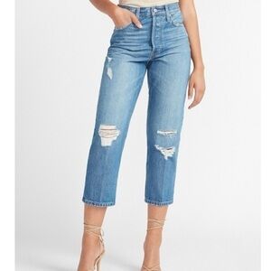 Express High Rise Medium Wash Cropped Distressed Button Fly Dad Jeans Size 4R